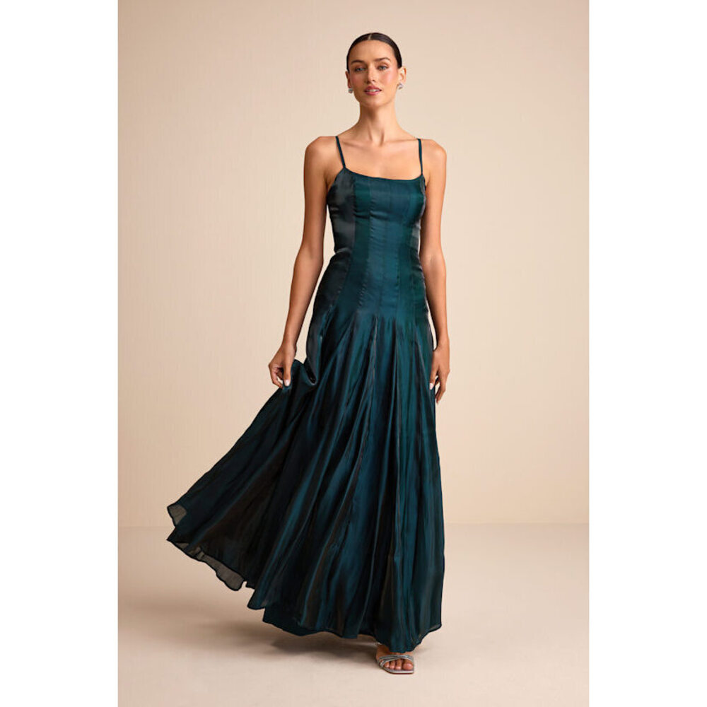 Lulus Zeline Dark Green Organza Pleated Drop Waist Maxi Dress - Size S
